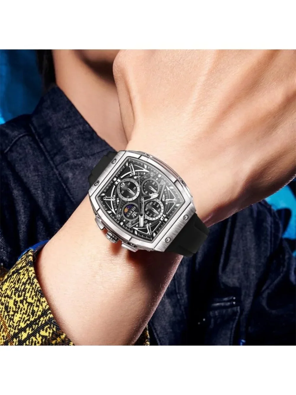 Men's Silver Black Chronograph Big Square Analog Silicone Strap Waterproof Watch
